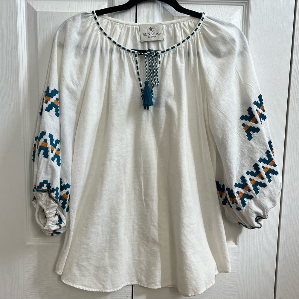 Benaras by Citrus 100% Cotton Embroidered Billowy Blouse— Size Small